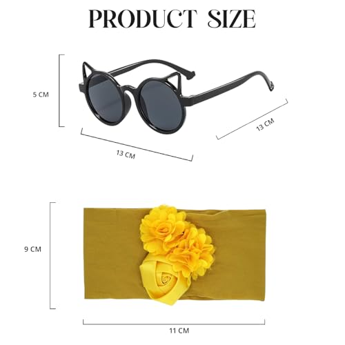 Image of SYGA Baby Rose Flower Stretchable Headband With Uv Protection Cat Type Sunglasses Stylish Combo For Toddlers And Kids (Yellow, Black)