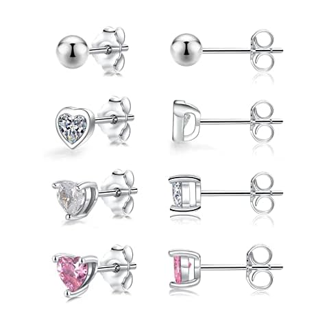 Silver Earrings for Women - Sterling Silver Stud Earrings | Silver Bead Heart Pink Cubic Zirconia Stud Earrings Jewellery for Girls Birthday Chritsmas Gifts Cover