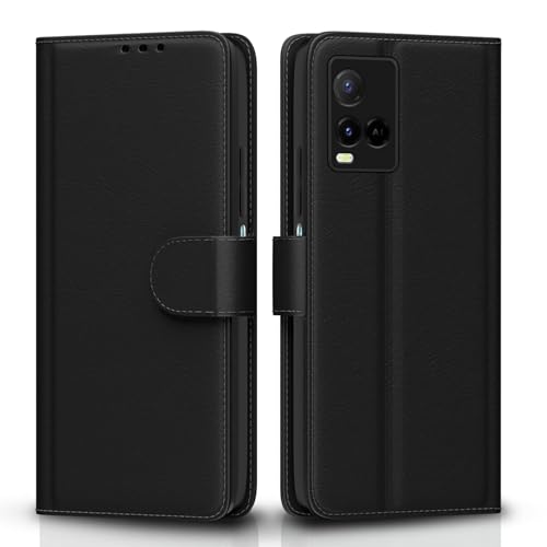 Image of Black Leather Finish Protection Flip Case Cover for Vivo Y33T / Y33S | Y21 / Y21A / Y21S / Y21e / Y21G | Magnetic Closure, Stand Feature, Card Slots - Light Weight Design (Black)