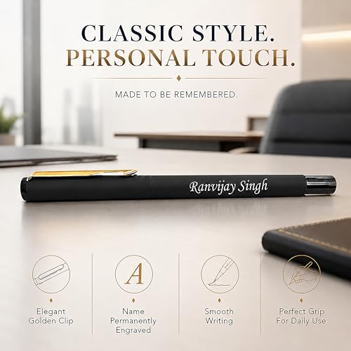 Image of SAVRI Personalized Parker Roller Pen - Name Engraved | Matte Black with Golden Clip | Valentine's Day, Corporate, Birthday Gift for Men, Women, Boss, Husband, Wife, Employee | Blue Ink Pen