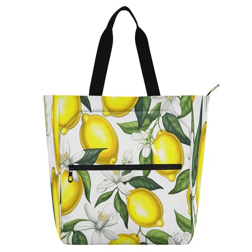 Bright Yellow Lemons Book Tote Bag,Large Capacity Handbag with Zipper Perfect for School,Travel,Shopping