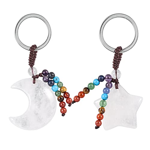 Sunyik 2Pcs Rock Quartz Hand Craved Moon Star Crystal Key Chain For Couple Love Polished Stone 7 Chakra Crystal Charm Key Ring For Car Wallet Backpack #TOP18