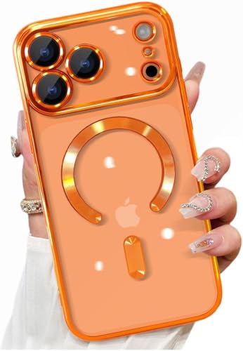Image of VONZEE Electroplating Transparent Logo Back Cover TPU Compatible with iPhone 17 Pro Max Case, Compatible with Magsafe, Individual Camera Protection for Each Lens for Men & Women (Cosmic Orange)