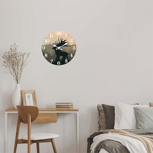 Image of XFM Rustic Cabin Deer Wall Clock 10 Inch Farmhouse | Silent Non-Ticking Battery Operated Round Decorative for Cabin Kitchen Farmhouse Decor