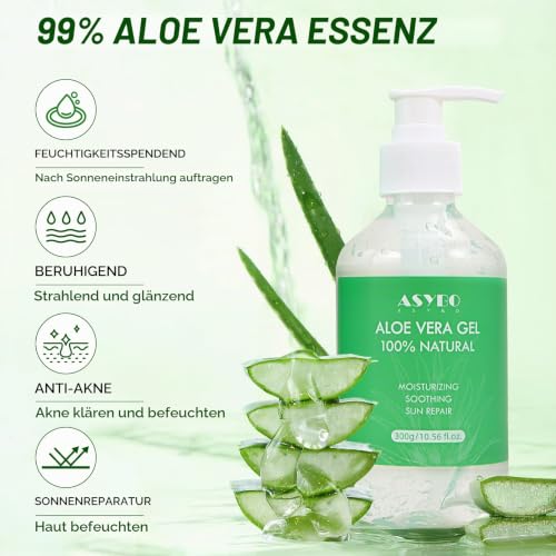 ASYBO Aloe Vera Gel 300 ml – 100% reines Aloe Vera für Gesicht, Körper, Haar, beruhigende und nähren feuchtigkeitsspendende Aloe-Creme für… – Ansicht 2