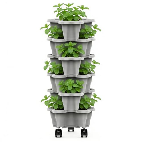 Macetero Vertical - 6 Niveles con Ruedas y Macetas Resistentes a la Intemperie,Torre de Macetas Vertical Apilable,para Interior, Exterior, Patio, Cama Elevada, Invernadero y Cultivo de Flores y