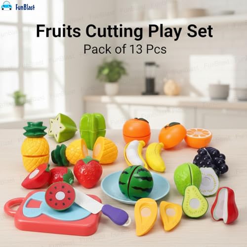 Image of FunBlast Fruits Cutting Play Set Toys for Kids - Realistic Sliceable Cutting Fruits Pretend Play Kitchen Toys for Kids, Play Food Toys, Fruit Toys with Chopping Board & Knife (Multicolor) (13 Pieces)