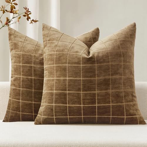 Image of MIULEE Toffee Plaid Decorative Fall Throw Pillow Covers 18x18 Set of 2 | Vintage Check Chenille Couch Pillows Boho Farmhouse Cushion Covers Modern Fall Home Decor for Sofa Bed Living Room
