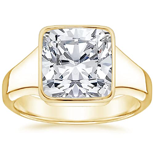 3.0 CT Cushion Colorless Moissanite Engagement Ring, Wedding Bridal Ring, Eternity Solid 10K Yellow Gold Diamond Solitaire Bezel-Setting Anniversary Promises Gifts for Her (8.5)