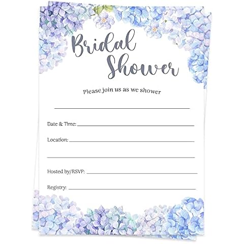 Hydrangea Bridal Shower Fill in the Blank Invitations Watercolor Floral Flowers Spring Summer Blue Purple Wedding Printed Cards (15 Count) Cover