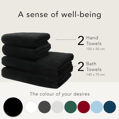 ÔHM - Bath Towel Set - 2 Adult Towels 70x140cm + 2 Hand Towels 50x100cm Cotton - Very Soft & Absorbent - Oeko-TEX Certified - 500g/m² - Black - Image 6