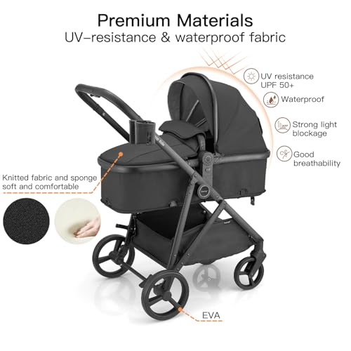 Image of Gromast 3-in-1 Baby Stroller, Convertible Stroller for Newborn Infant Toddler with Reversible Seat, UPF 50+ Canopy & Cup Holder - Black
