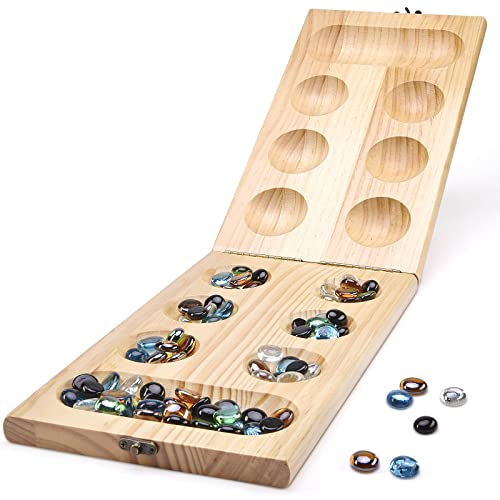 Amerous Wooden Mancala Board Game Set - Upgraded Larger Size - 72+8 Bonus Multi Color Glass Stones - Folding Board - Gift Package - Mancala Instructions, Portable Board Game For Adults And Kids #TOP1