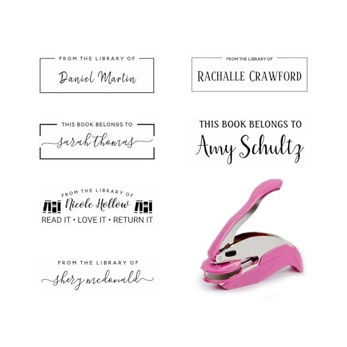 Generic Custom Book Embosser, Personalized Library Embosser, Choose from 15 Designs, Pink