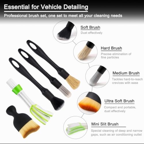 Image of Car Detailing Brush Set, Natural Cleaning Gel Included Various Hardness Options for Brushes, Complete Auto Interior and Exterior Detailing Kit for Wheels, Air Vents