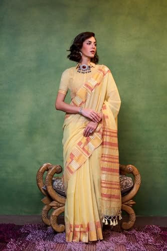 Image of SGF11 Women's Soft Cotton Linen Silk Saree With Unstitched Blouse Piece