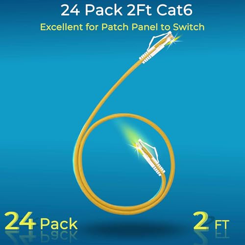 Image of Rapink Patch Cables Cat6 / Cat6a 2ft (24 Pack) Slim, Cat6a Ethernet Patch Cable 20G Support, Snagless Cat 6 Patch Cable for Patch Panel to Switch, Flexiable Cat6 Ethernet Cable Yellow