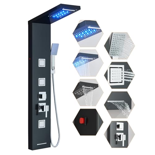 Black Wall-Mounted Shower Panel with LED Head