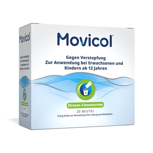 Movicol® Sobres dosificadores; Limón/Limón, 20 sobres, para el estreñimiento en adultos y niños a partir de 12 años, laxante, hidratado, ablanda las heces y estimula así el movimiento intestinal