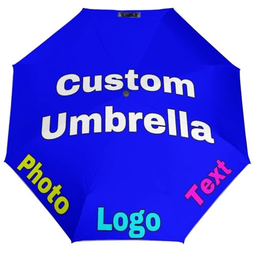 EXYLANOR Customized Umbrella with Picture Name Logo of Company Shop Personalized Folding Portable Windproof Umbrellas for Rain Sun Gift for Christmas Birthday, Blue