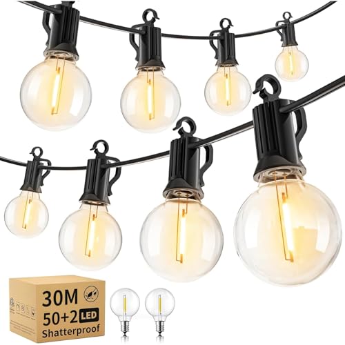 String Lights outdoor lights Waterproof Hanging Light Strings for Wedding Patio Indoor Outdoor Party Garden (30M/50+2Bulbs)