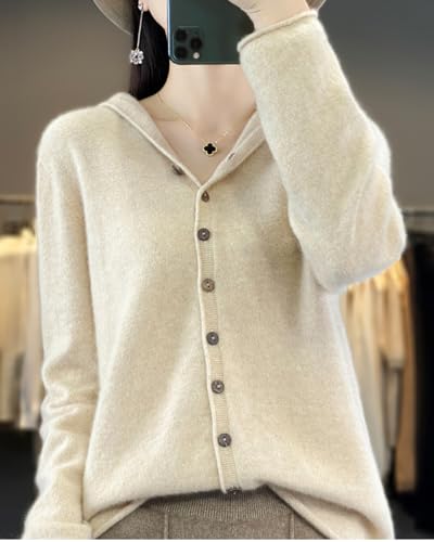 Image of Cashmere Sweaters for Women Button Down V Neck Hooded Cardigan Casual Loose Long Sleeve Soft Knit Pullover Tops Apricot