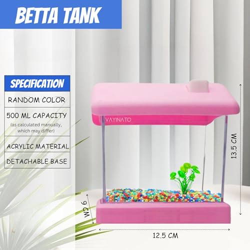 Image of VAYINATO Transparent Acyrlic Betta Fish Tank with Mini Plastic Plants - Random Color (Home Model) Easy to Clean and Maintain | Mini Portable Betta Fish Tank (Maximum 500ML Capacity)