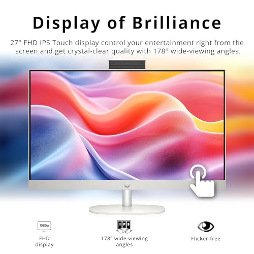 Image of HP 27 inch FHD Touchscreen All-in-One Desktop, AMD Ryzen 5 7520U, 16GB LPDDR5, 672GB Storage (512GB SSD+160GB Docking Station), FHD IR Camera, Wi-Fi 6, Wireless Keyboard & Mouse, Windows 11 Pro, White