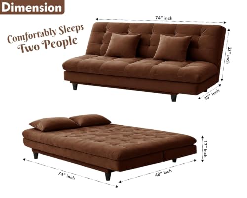 Image of Velvet Fabric Wooden 3-Seater Apsen Sofa Bed with Tufted Couch with Adjustable Backrest- Living Room Furniture-Brown-Color