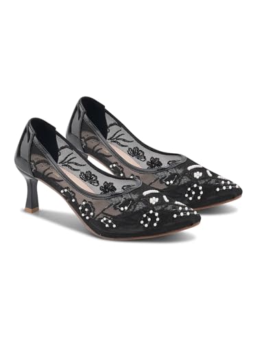 Image of TRYME Floral Embroidered Stiletto Heels for Women | Elegant Mesh High Heels with Stylish Feminine Design
