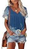 Disamer Womens Summer Tops 2024 Vacation Casual Pleated Puff Sleeve Shirts Trendy Boho Floral V Neck Tee Shirts Loose Blouse