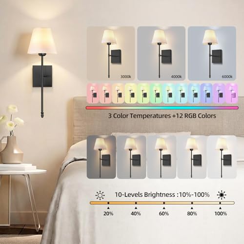 Image of Rechargeable Battery Operated Wall Sconces Set of 2, Black Wireless Fabric Shade Wall Sconce with Remote Control, Dimmable RGB Color Changing Wall Lamp for Bedroom Living Room Hallway, 20.47 inch Tall