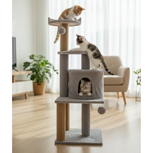 Image of Soft Fur Activity Scratching Post /Cat Tree for Kittens & Cats - Natural Sisal Rope Triple Platform Tower (Height 43 Inch) (Grey -3FLOOR)