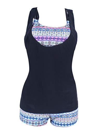 FeelinGirl Damen Tankinis Streifen Rückenfreie Neckholder Badeanzug Polyester DREI-Piece Swimming Suit 3XL Grau mit Stoffdruck