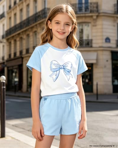 Image of Bestuline Girls Summer 2 Piece Outfits,Basic Short Sleeve Top & Shorts Set with Side Pockets,4-14Y