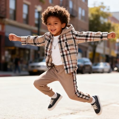 Image of OLMRJKD Toddler Baby Boy Clothes Plaid Long Sleeve Hoodie Sweatshirt + Pants 2pcs Boys Outfit Set