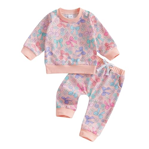 Baby Girl Fall Winter Outfits Toddler Clothes Long Sleeve Bow Printed Crewneck Sweatshirt + Pants Set