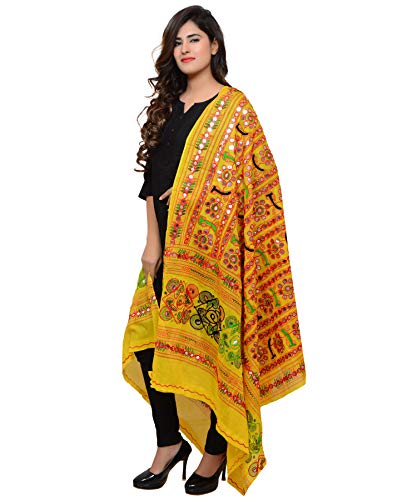 Banjara Women's Cotton Stoles & Dupattas Kutchi Bharchak Free Size, Lemon Yellow, One Size