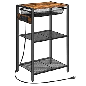 HOOBRO Tall End Table with Charging Station Industrial Telephone Table with Adjustable Metal Storage Basket High Side Table Nightstand for Living Room Bedroom Office Rustic Brown BF06UDH01