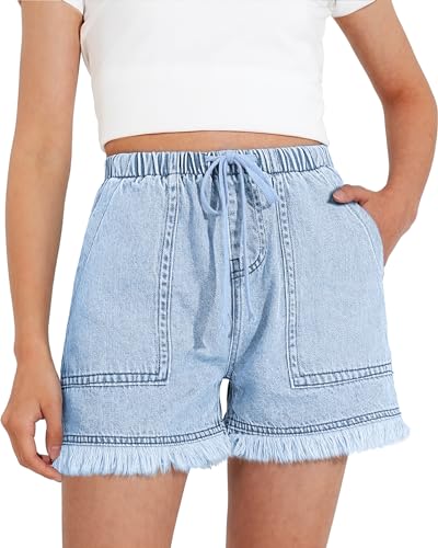 Image of BOOPH Girls Jean Shorts Denim Elastic Waist Drawstring Short for Teen Girl