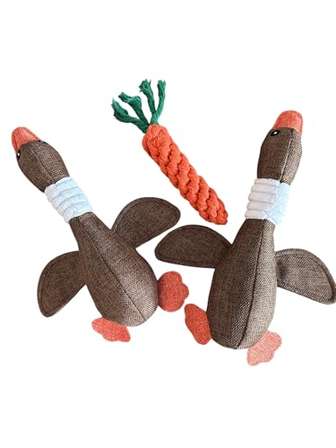 ILC Buy Dog Toy Bundle – 2 Durable Plush Squeaky Goose Toys + 1 Carrot Rope Chew Toy – Interactive Play Set for Small & Medium Dogs
