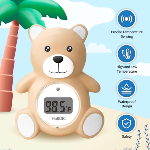 Image of HubiBaby Baby Bath Thermometer & Digital Room Temperature, 2in1 Kids Bathroom Safety Products with Temperature Warning, Floating Teddy Bear (Khaki)
