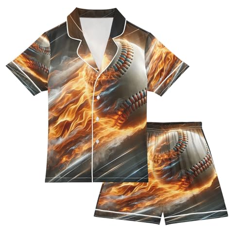 ALAZA Baseball Flying Funny Satin Pajamas Set Short Sleeve Button Down Sleepwear Summer Pjs 2 Piece