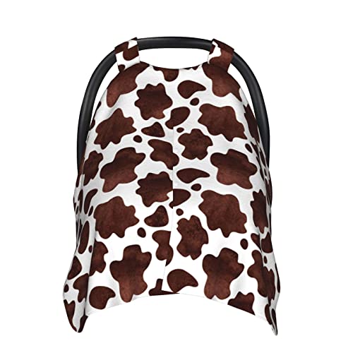 Image of Brown Cow Print Car Seat Cover for Baby in Winter Summer, Nursing Cover for Mom, Western Highland Cow Stuff Gifts for Infant Baby Shower