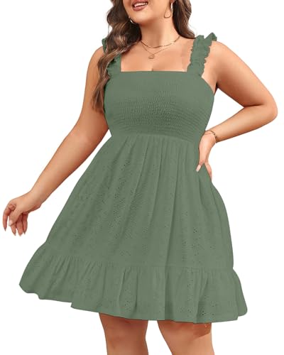 Image of Talisea Women's Plus Size Summer Dresses - Casual Eyelet Square Neck Sleeveless Smocked Ruffle A-Line Cute Short Sundress