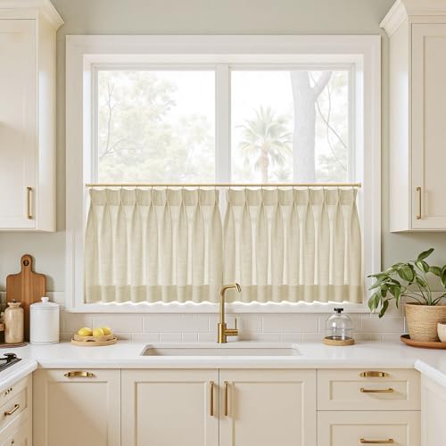 Image of TWOPAGES 26 inch inch W x 24 inch inch L Linen Blend Cafe Curtains for Kitchen Window, Light Filtering Pinch Pleated Tier Curtains, Modern Farmhouse Half Window Curtains for Bathroom, Light Khaki, 2 Panels