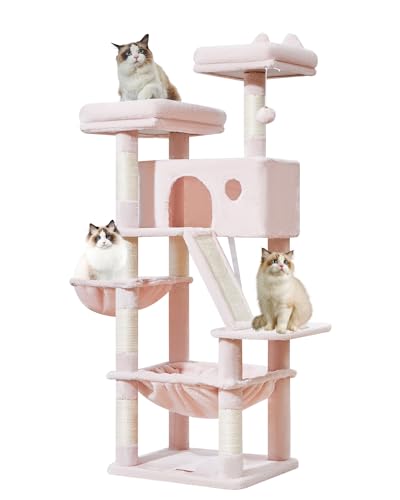Image of Taoqimiao Cat Tree 57.5-Inch, Cat Tower for Indoor Cats Large Adult, Extra Large Cat Condo, 8 Sisal Scratching Posts, Metal Frame Cozy Hammock, Durable Scratch Board, 2 Top Perches, Jelly Pink MS026P