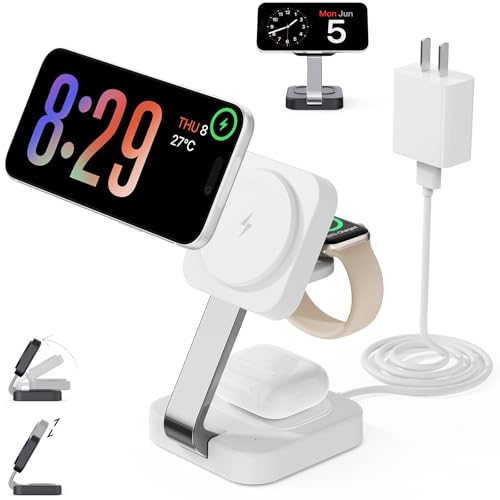 2026 Traveling Wireless Mag-Safe Fast Charging Station,Magnetic 3 in 1 Charger with iPhone 17 16 15 14 13 12 Pro Max Plus,Apple Watch Series & Air pods 4 3 2 Pro-Gifts for Wife & Husband(White)