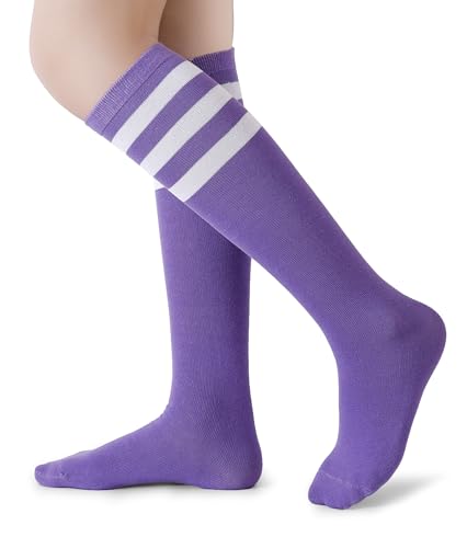 Image of Henwarry Boys Girls Knee High Tube Socks Classical Stripes Cotton Soft Over the Calf Kids Tube Socks (US, Age, 8 Years, 12 Years, A14-White/Purple)