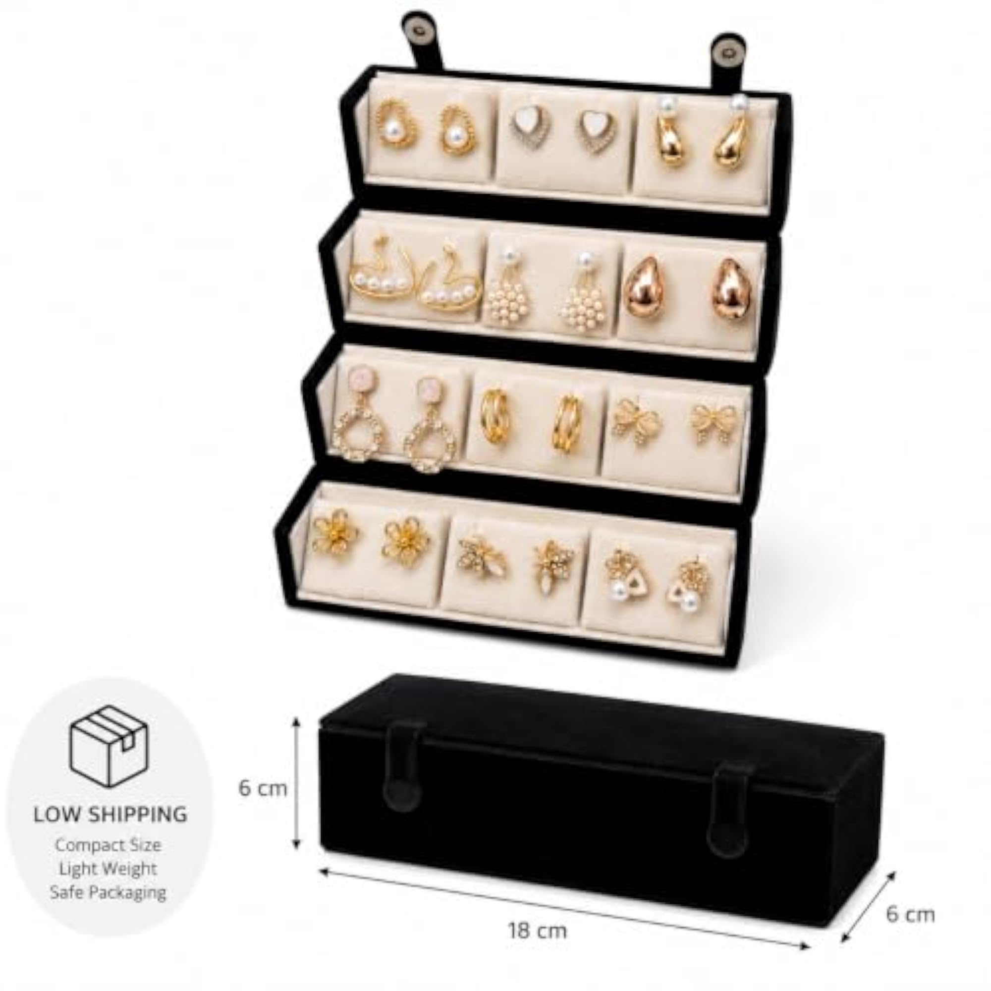Velvet Earring Organiser Box with 4-Layer Foldable Trays, Black
